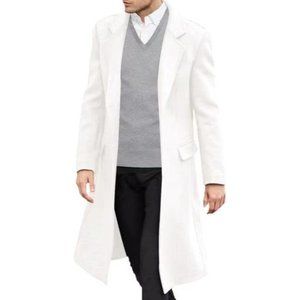 Men's Casual Trench Coat Slim Fit Collar Overcoat Pea Coat with Pockets-White